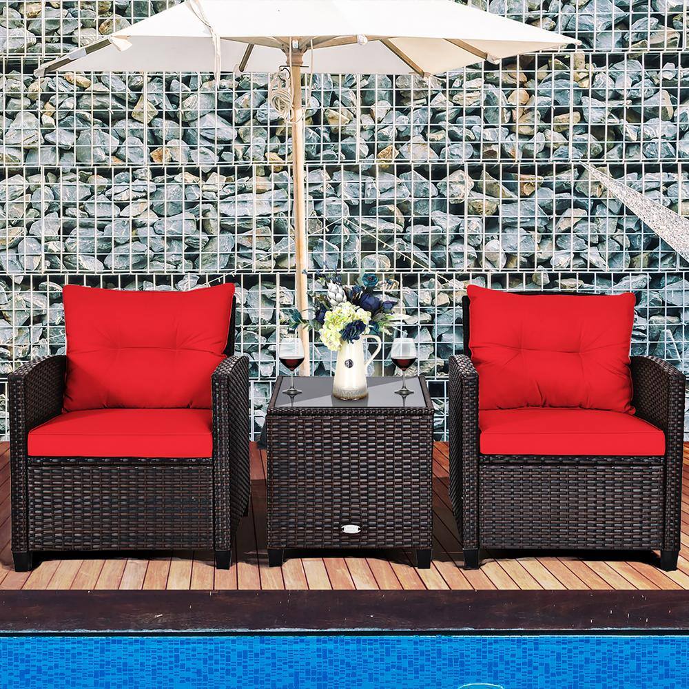 Costway Mix Brown 3-Piece Rattan Wicker Patio Conversation Set Sofa Coffee Table with Red Cushions