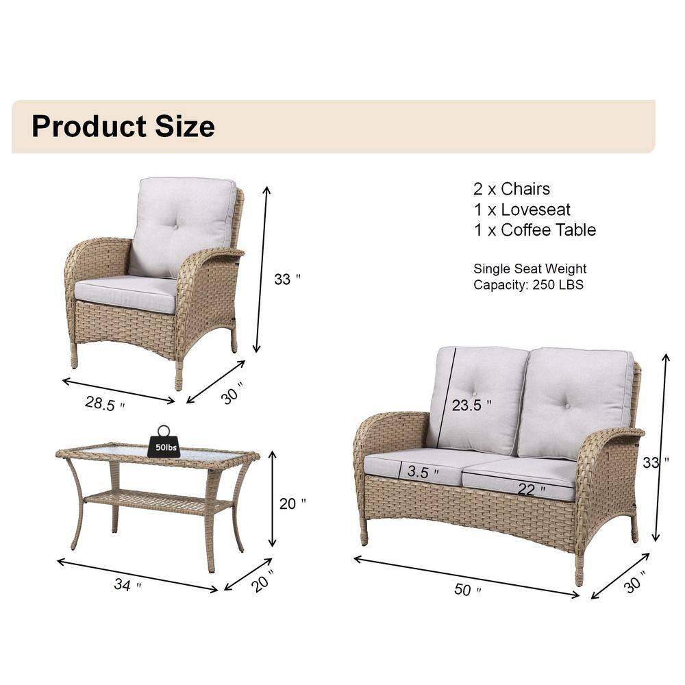 Gymojoy Carlos Natural 4-Piece Wicker Patio Conversation Set with Off White Cushions