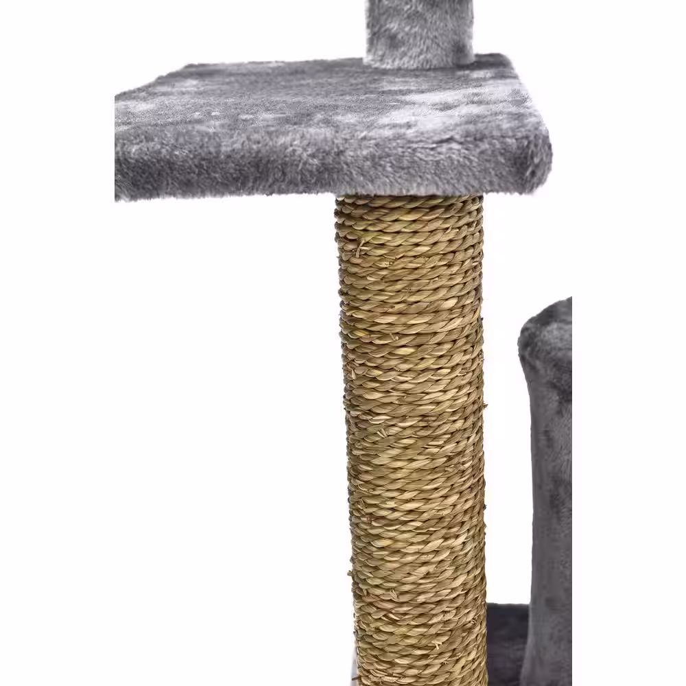 CAT CRAFT 5-Level Plush and Seagrass Cat Activity Tree: Scratch, Condo and Plush Hanging Cat Toy, Gray