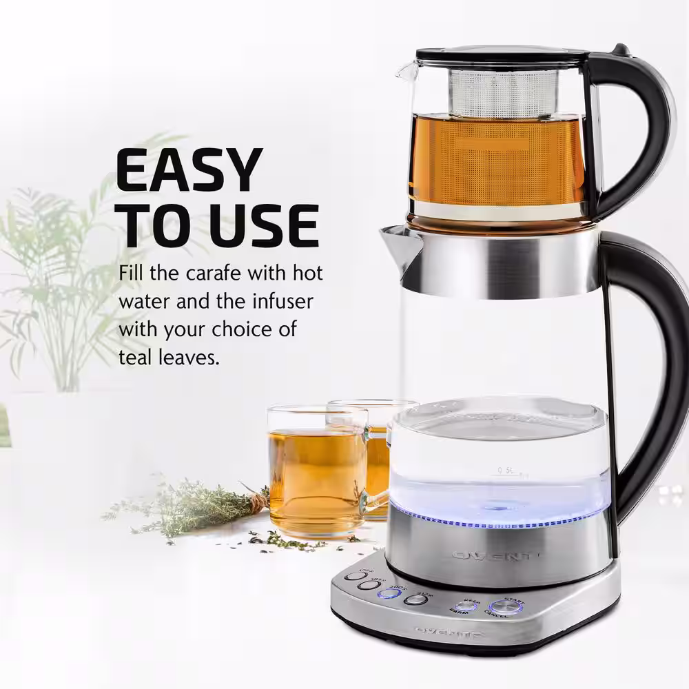 OVENTE 7.2-Cup Stainless Steel Electric Glass Kettle with ProntoFill Technology and 27-Oz. Reusable Teapot with Infuser, Bundle