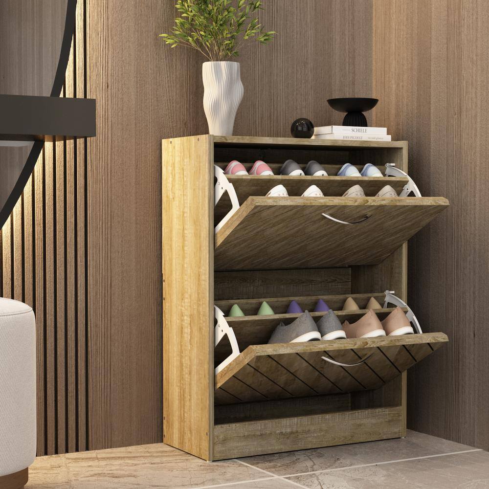 None Brown Wood Grain Shoe Storage Cabinet with 2-Drawers and 4-Compartments Max Up To 12-Pair