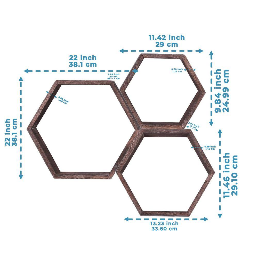 None 22 in. x 22 in. x 4 in. Wood Rustic Wall Mounted Hexagonal Floating Shelves (Set of 3)