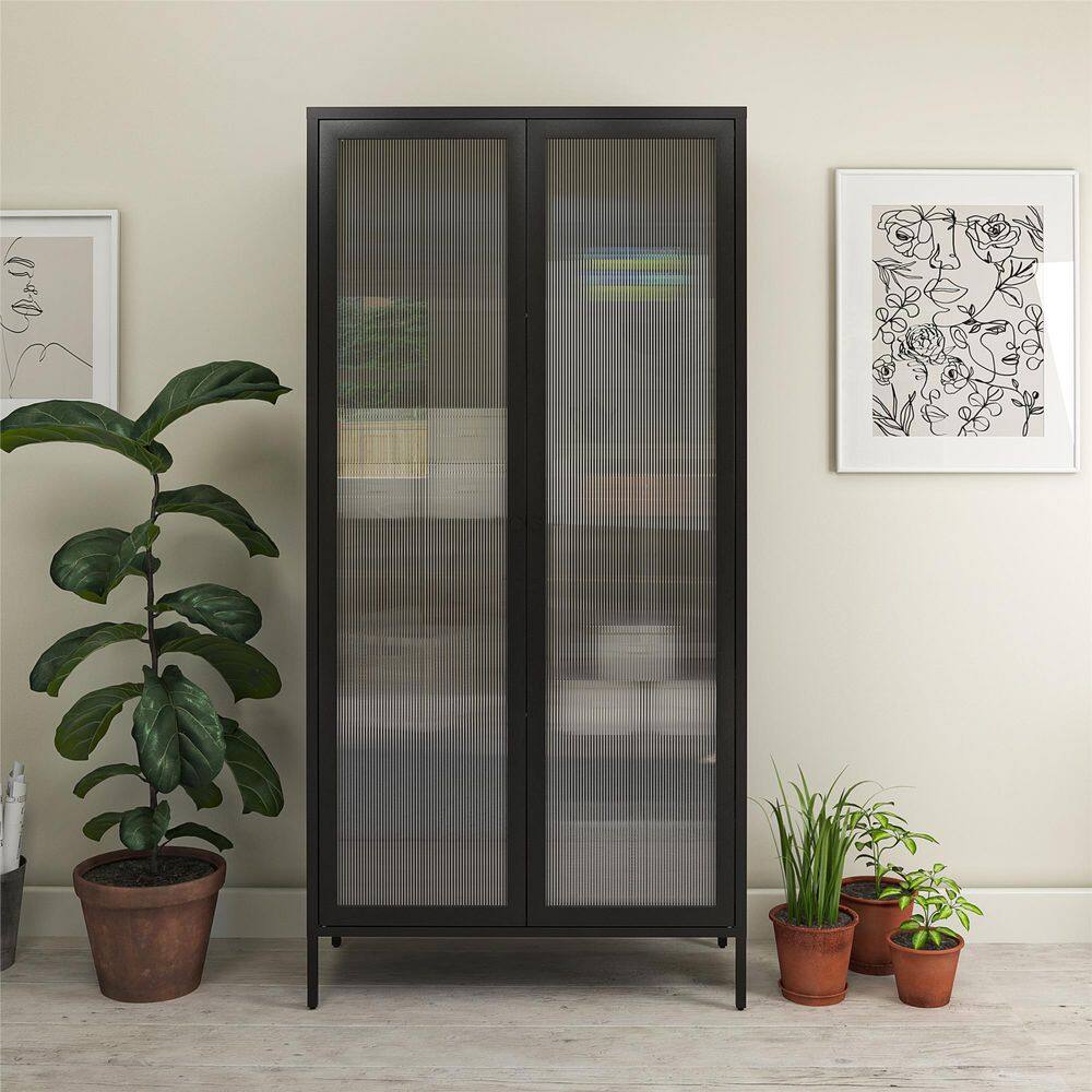 None Ashbury Heights 35.38 in. W Wood Closet System with Fluted Glass Metal Locker, Black