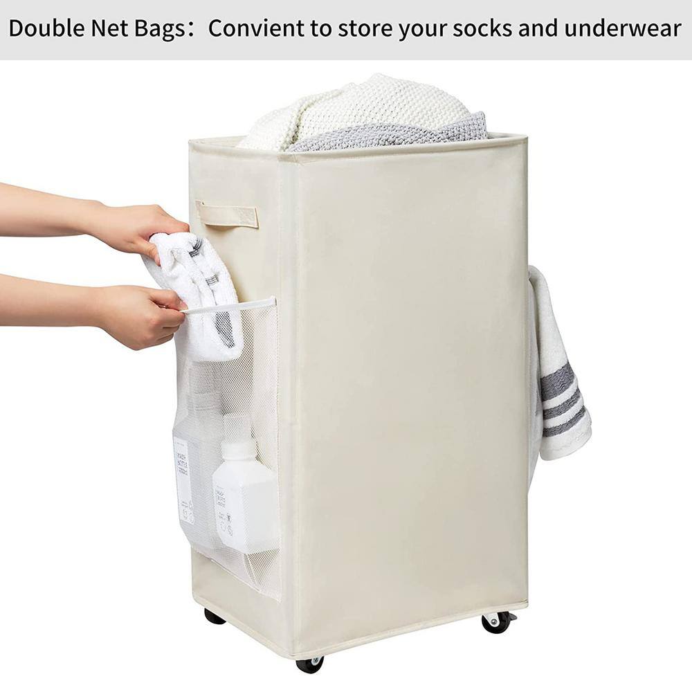 None 90 L Fabric Laundry Basket Hamper with Wheels Beige