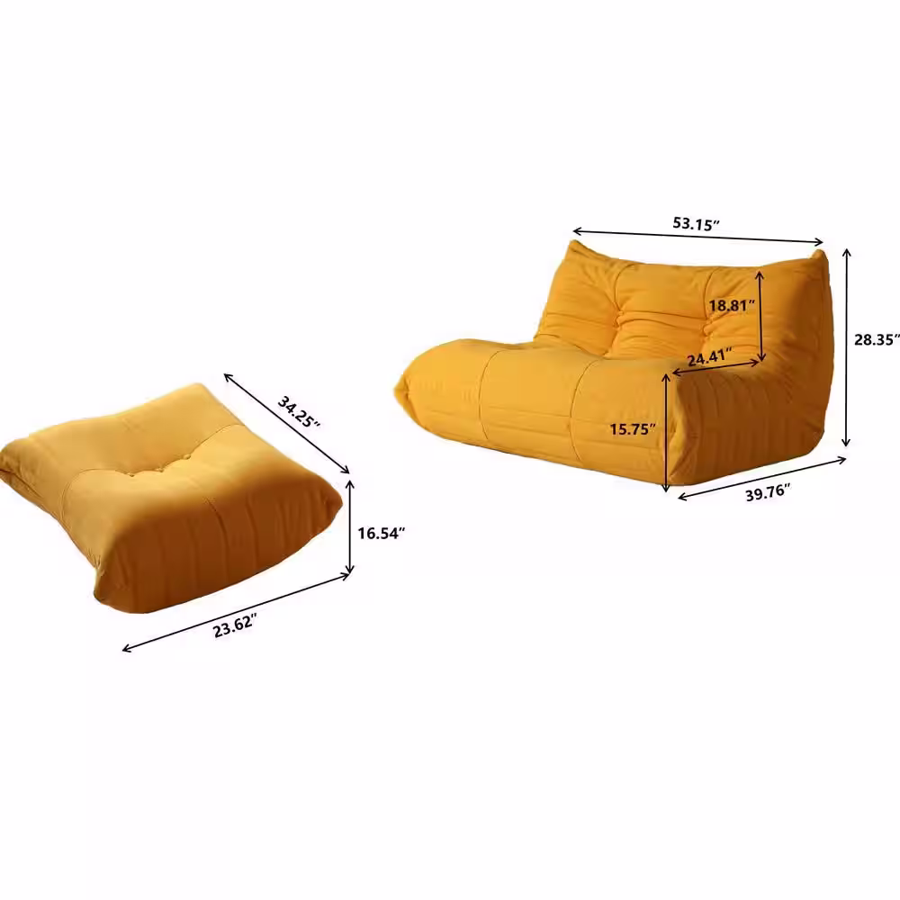 Magic Home Modern Lazy Sofa Lving Room Set with Teddy Velvet 2 Seater and Ottoman,Yellow