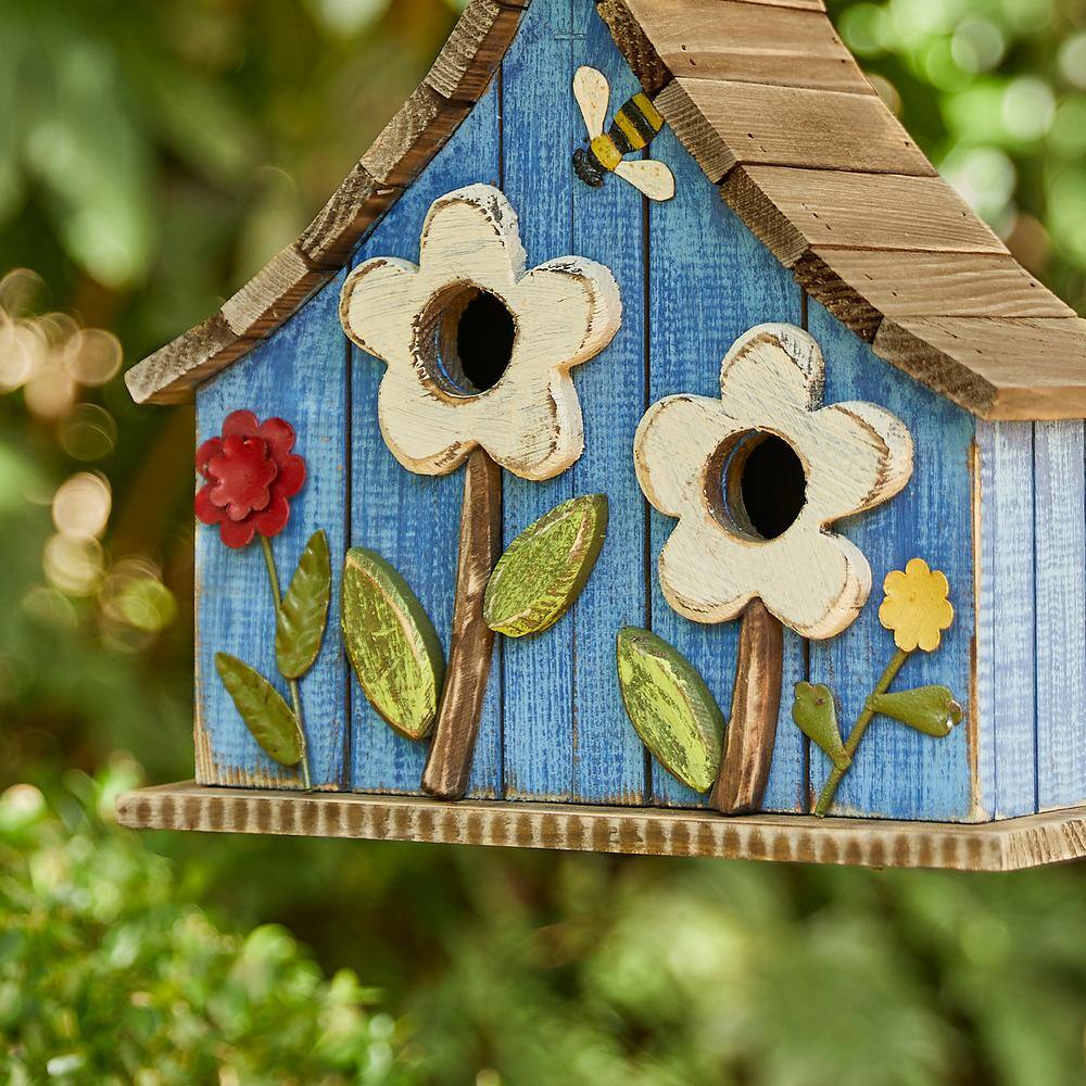 Glitzhome 10.5 in. H Distressed Solid Wood Birdhouse with 3D Flowers