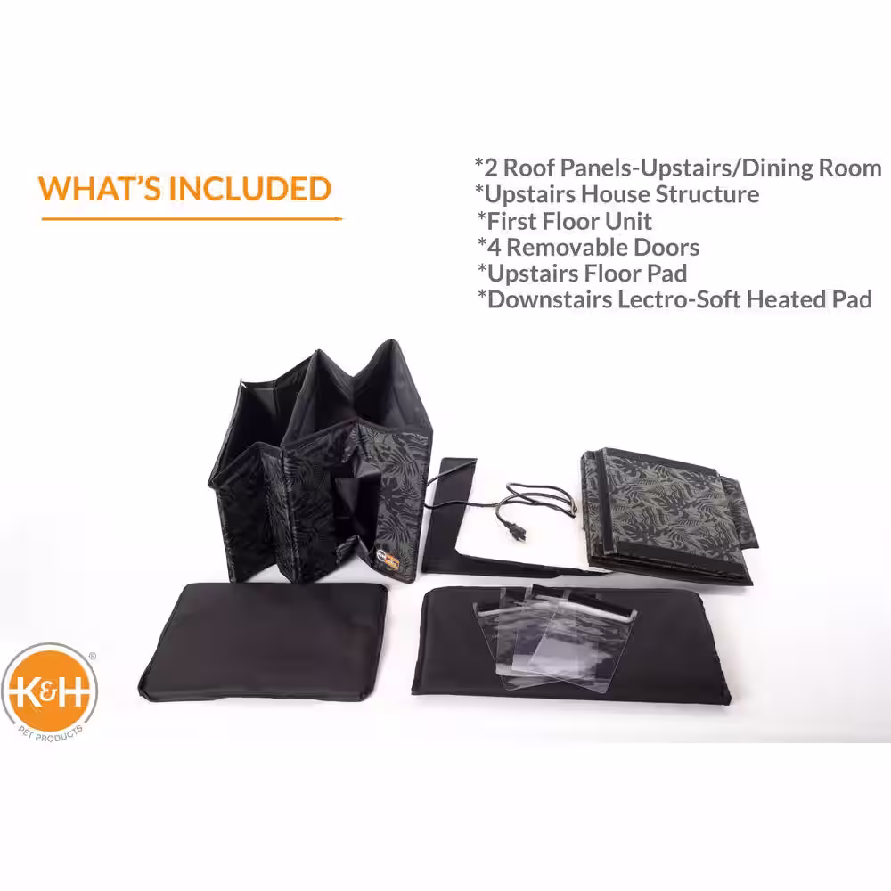 K and H Pet Products Outdoor Heated 2-Story Kitty House with Dining Room Green Leaf Print Medium