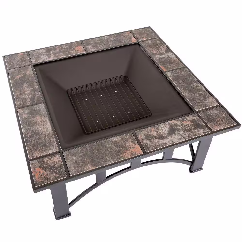 Pure Garden 33 in. Square Steel Tile Fire Pit with Cover
