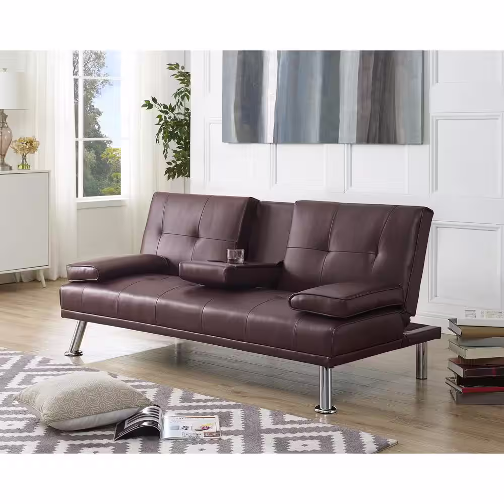 MAYKOOSH Espresso, Futon Sofa Bed Faux Leather Futon Couch with Armrest and 2-Cupholders, Sofa Couch Convertible with Metal Legs