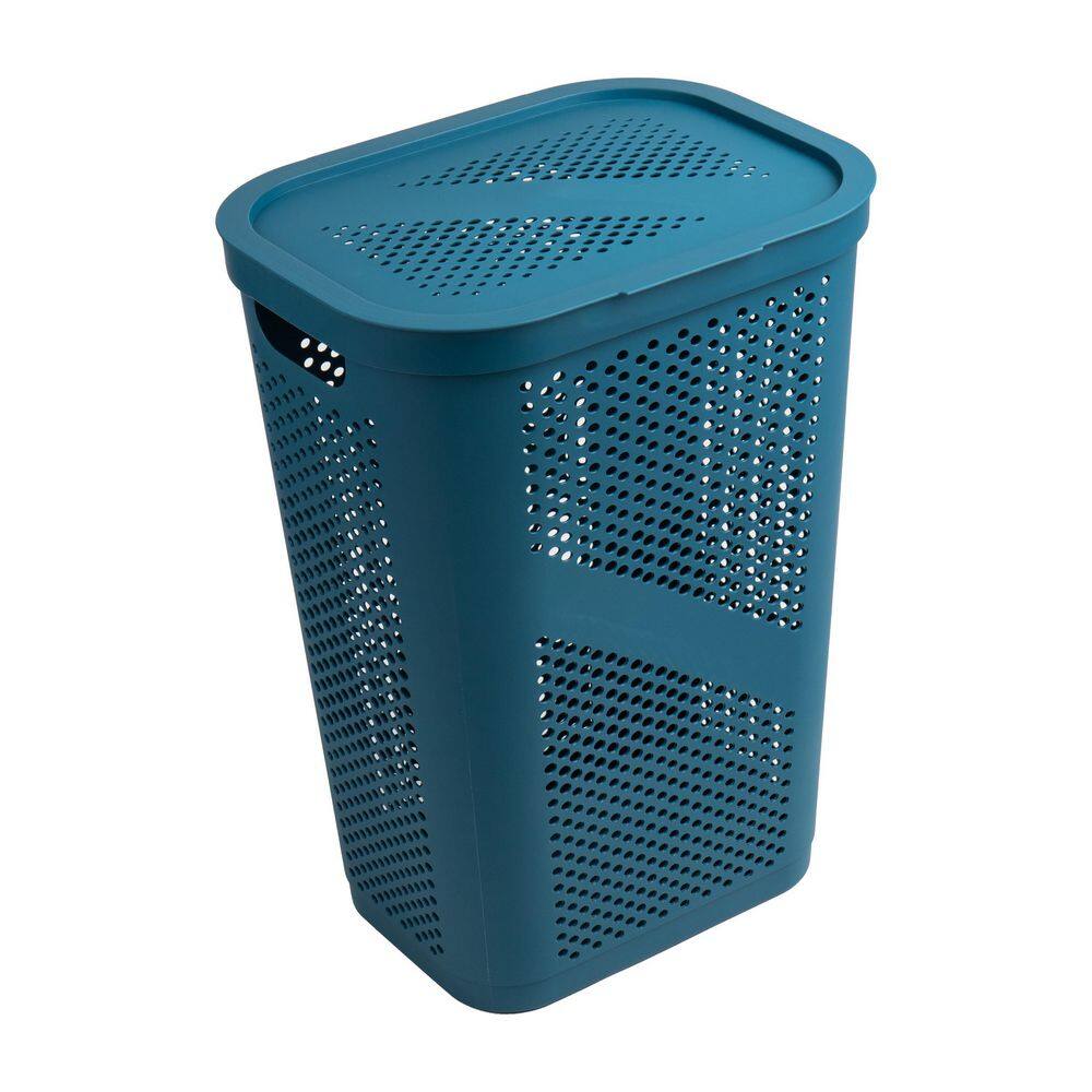 Mind Reader Basket Blue Slim Laundry Hamper 40 Liter (15kg/33lbs) Capacity Attached Hinged Lid Set of 2