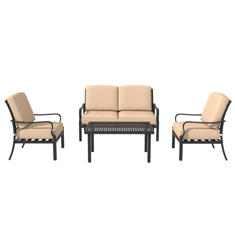 CASAINC 4-Piece Metal Patio Conversation Deep Seating Set with 5.9 inch Olefein Beige Cushions