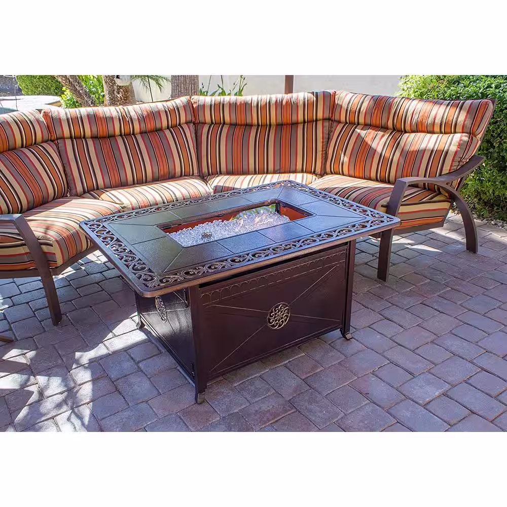 Hiland 35 in. x 24 in. Rectangle Cast Aluminum Propane Fire Pit in Hammered Bronze with Scroll Design