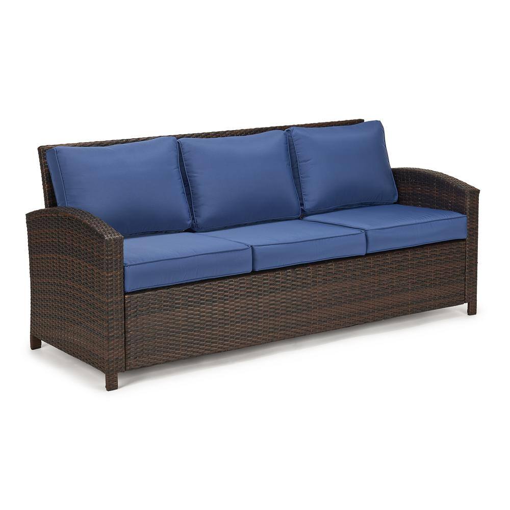 None 6-Piece Wicker Patio Conversation Set with Blue Cushions and Ottomans