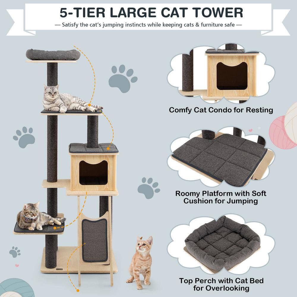 ANGELES HOME Gray Wood 5-Tier Modern Wood Cat Tower with Washable Cushions
