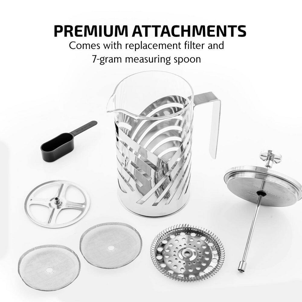 OVENTE 6-Cup Nickel Brushed French Press Cafetire Coffee and Tea Maker with High-Grade Stainless Steel, Free Measuring Scoop