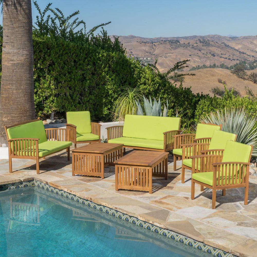 Noble House Thalia Brown 8-Piece Wood Patio Conversation Set with Light Green Cushions