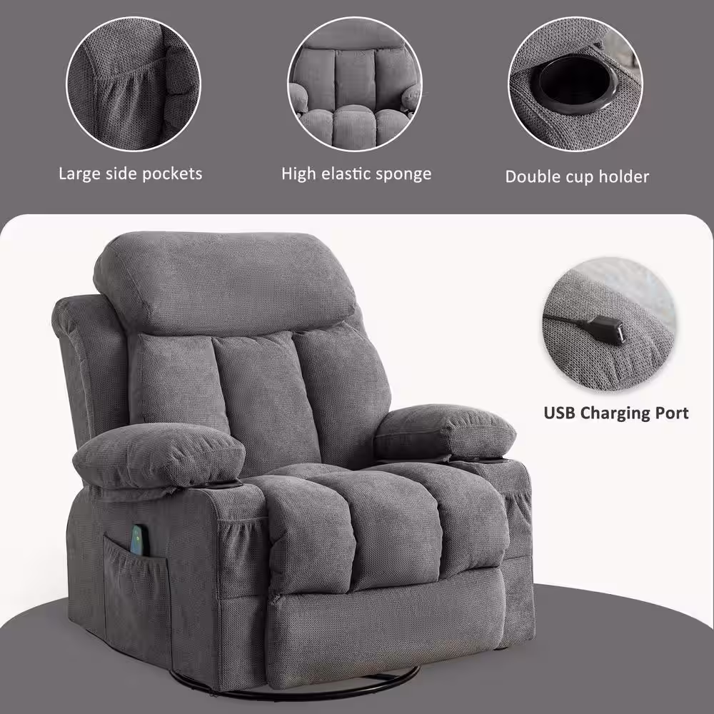 None Gray Fabric Swinging Recliner Chair Massage Heated Sofa, with USB and 2-Cup Holders in Side Pockets
