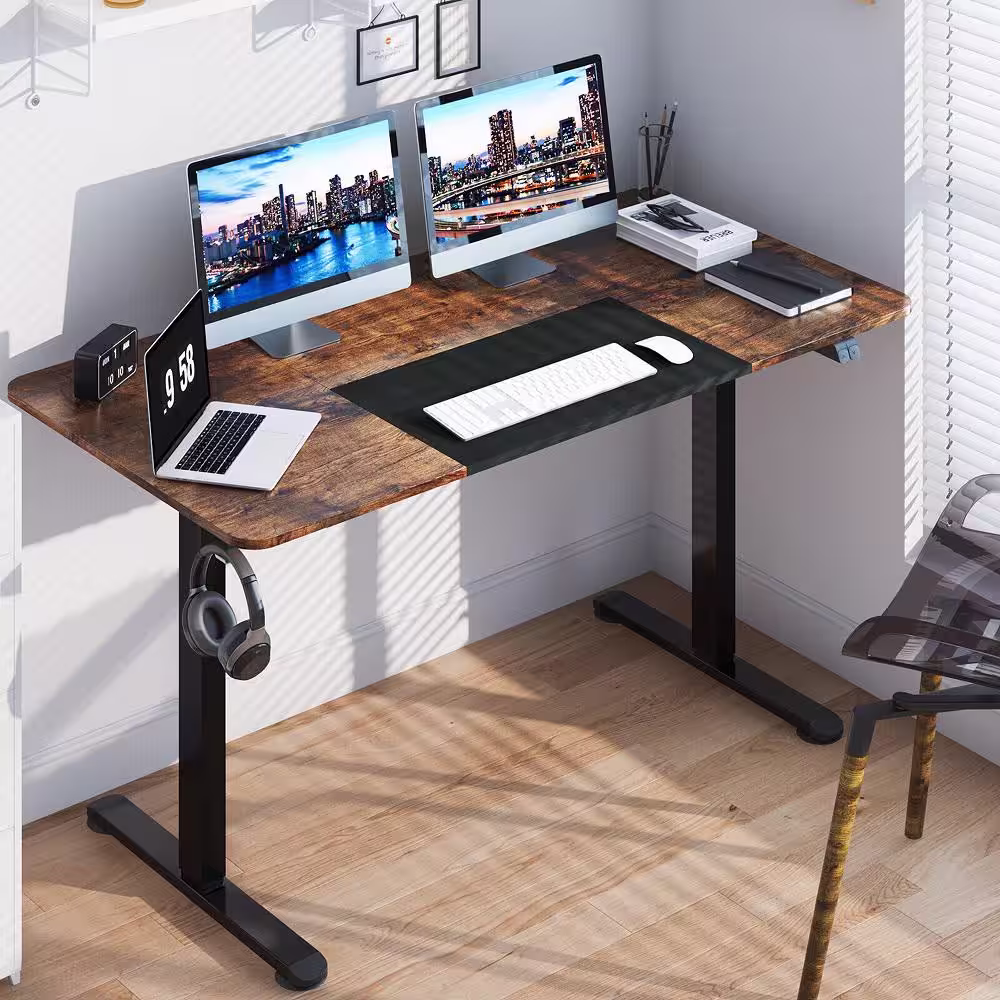Gymax 55 in. Rustic Electric Standing Desk Height Adjustable Home Office Table with Hook