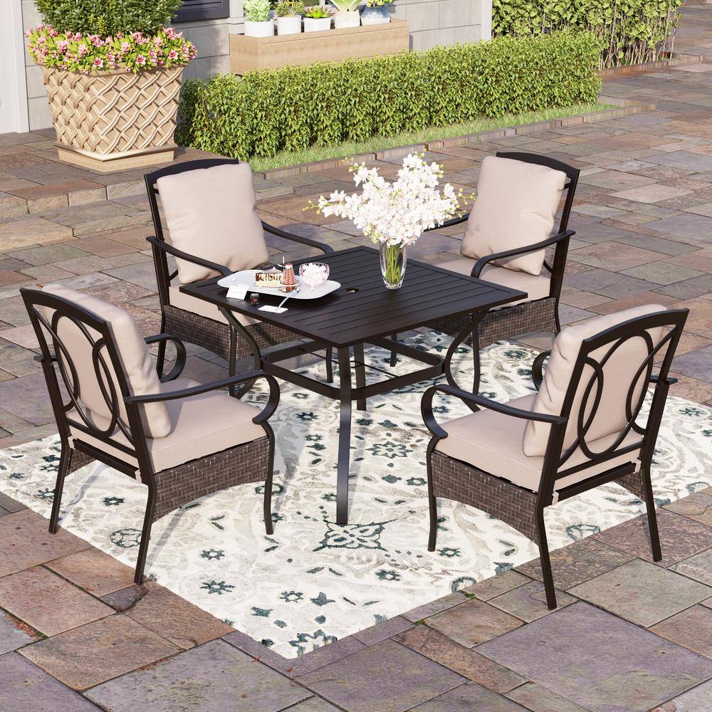 None 5-Piece Metal Patio Outdoor Dining Set with Black Slat Square Table and Stationary Chairs with Beige Cushions