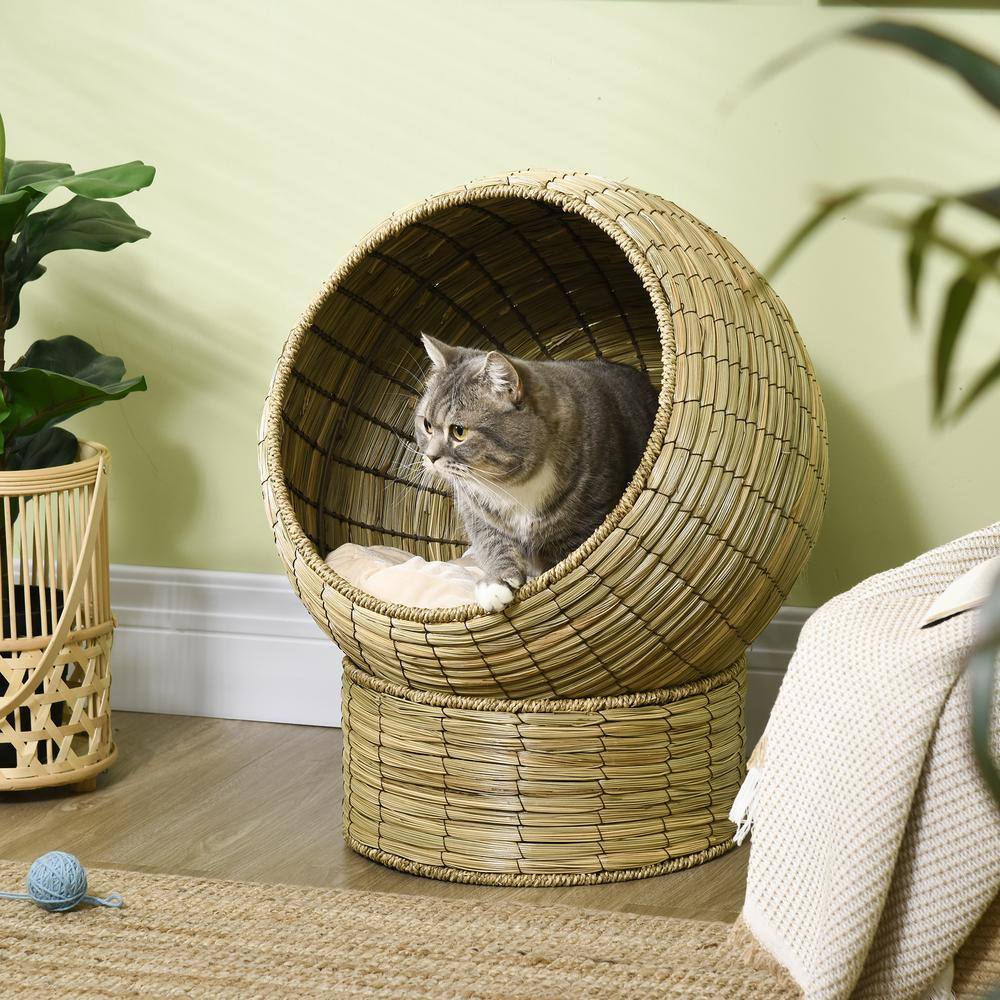 PawHut 20 in. Dia x 23.5 in. H Small Yellow Cat Basket Bed with Soft Cushion and Cat Egg Chair Shape, Elevated Cat House