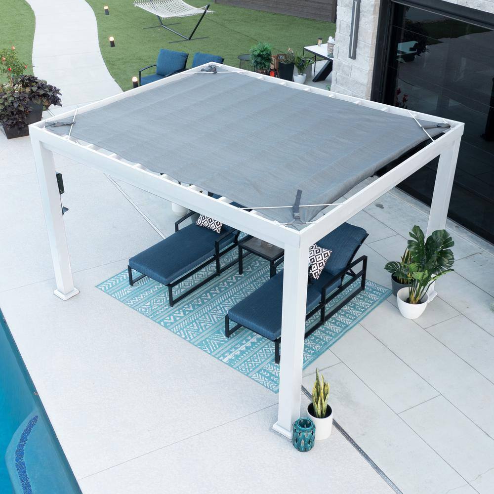 None Windham 12 ft. x 10 ft. White Steel Modern Pergola with Sail Shade Soft Canopy
