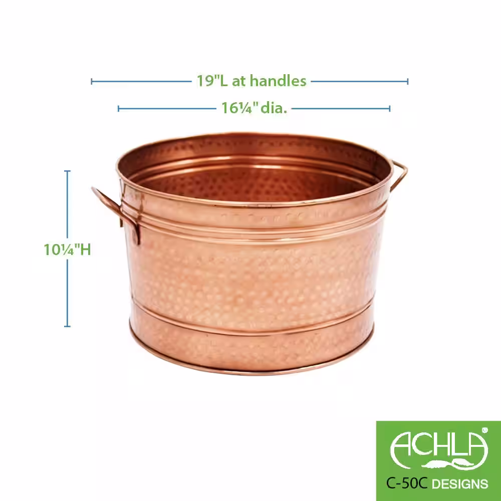 Achla Designs 16.25 in. Dia Copper Plated Round Hammered Tub with 2-Side Handles