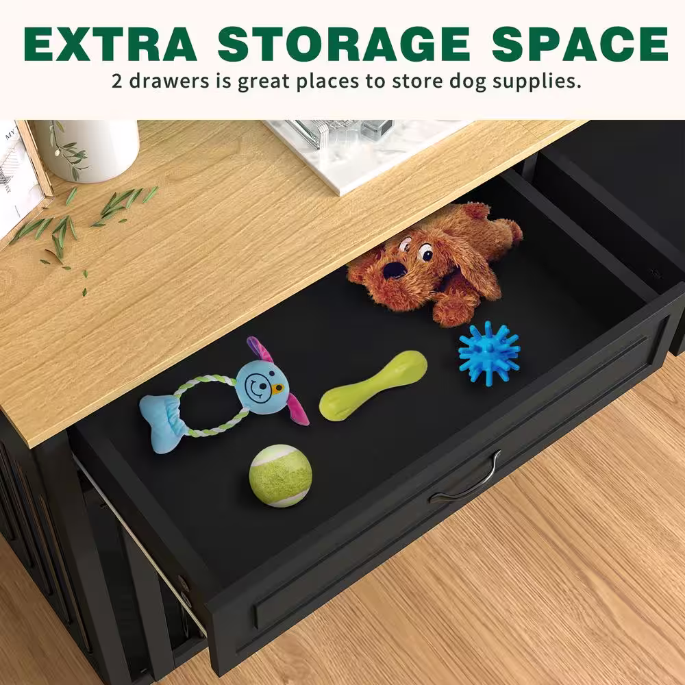 None Black Large Dog Crate Furniture, Wood Dog Crate Kennel with 2-Drawers and Divider, Heavy-Duty Dog Crates Cage Furniture