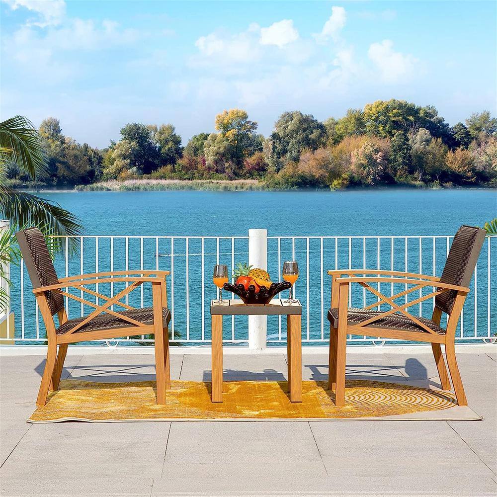 None 3-Piece Wood Aluminium Patio Bistro Set with Grain Aluminum Wicker Padded Porch Chairs and Coffee Table