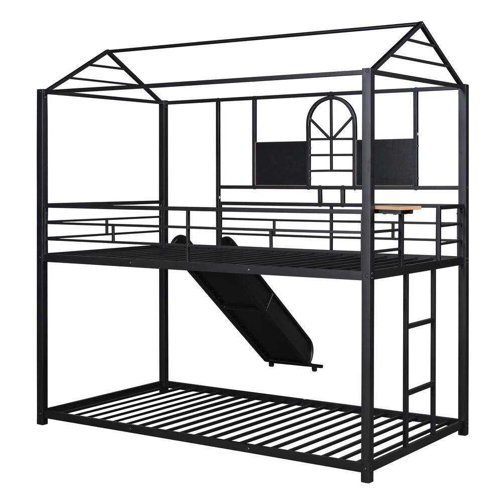 None Twin Metal Bunk Bed, Metal House bed with Slide Black with Black Slide