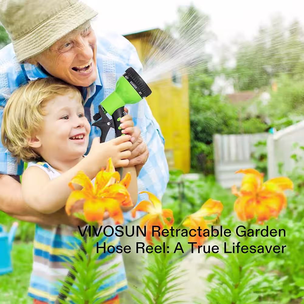 VIVOSUN Wall-Mounted 0.5 in. Dia x 65 ft. Retractable Garden Hose Reel with a 9-Pattern Nozzle
