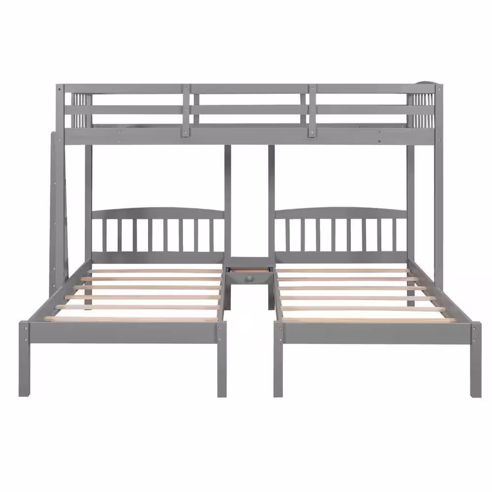 Qualler Gray Twin Over Twin and Twin Bunk Bed with Built-in Middle Drawer