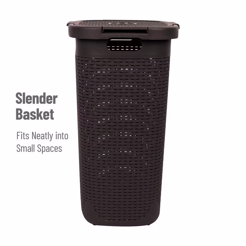 Mind Reader Basket Collection, Plastic Slim Laundry Hamper, 60 Liter (15kg/33lbs) Capacity, Attached Hinged Lid, Set of 2, Brown