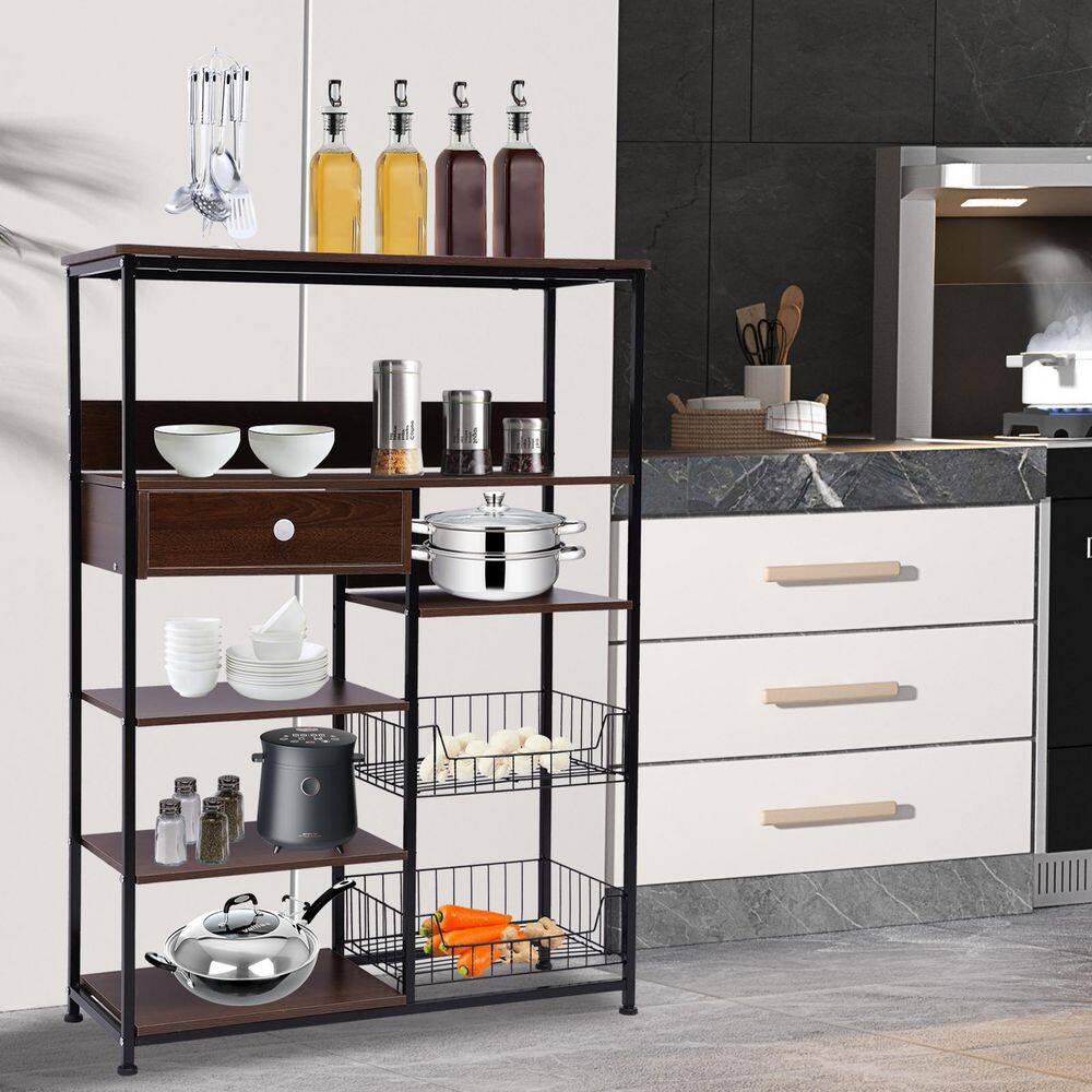 None Brown 5-Tier Metal Wood Shelving Unit (31.5 in. W x 43.7 in. H x 11.8 in. D)