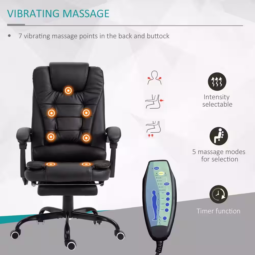 Vinsetto Black PU, Steel Sponge PVC 7-Point Vibrating Massage Office Chair High Back Executive Recliner with Adjustable Height