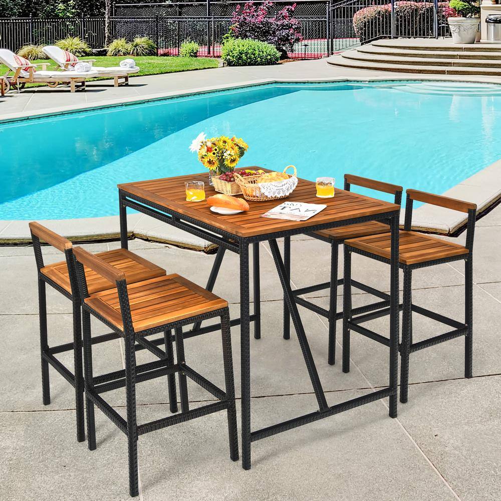 Gymax 5-Pieces PE Rattan Patio Bar Table Set High-Dining Bistro Set with Acacia Wood Top
