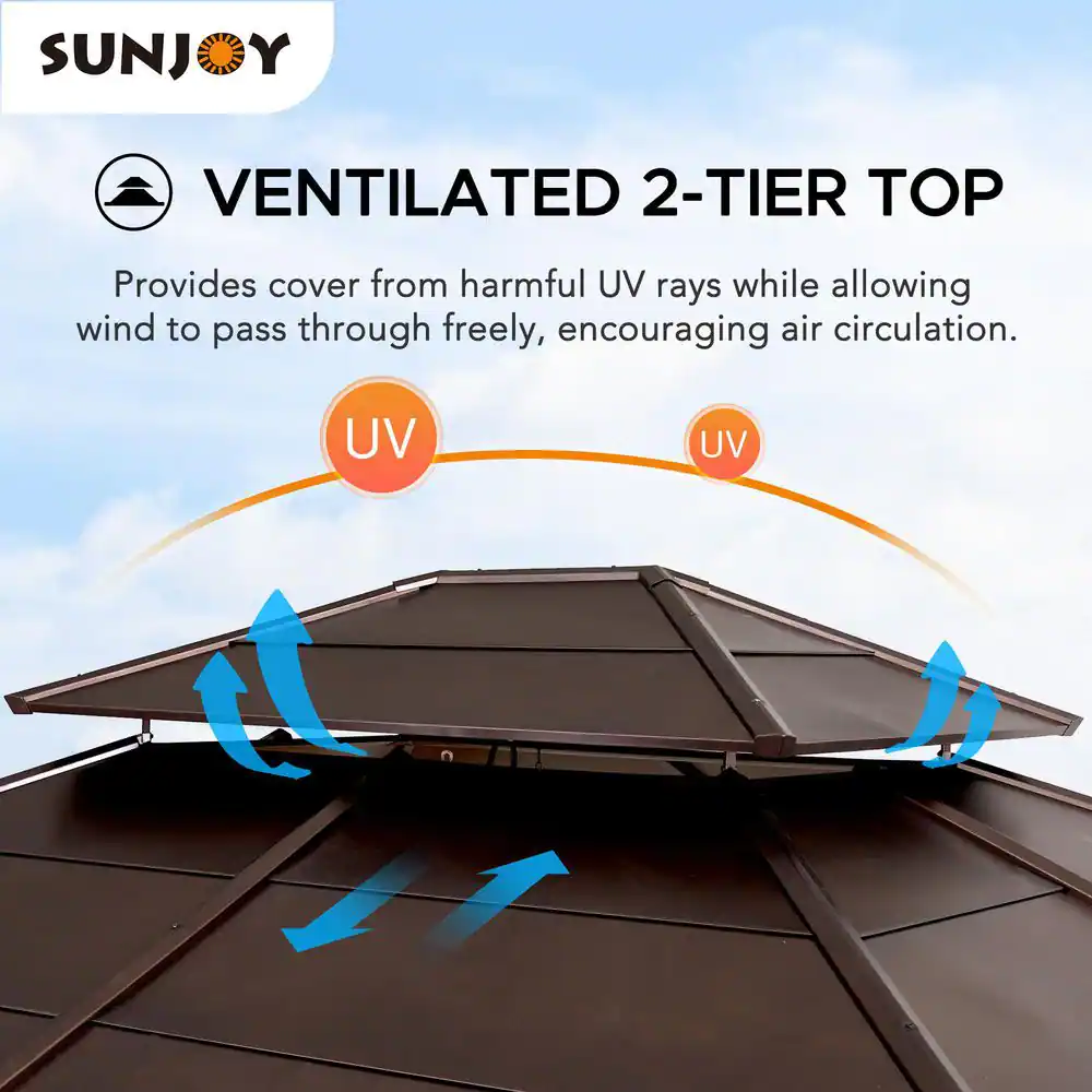 Sunjoy Myla 13 ft. x 15 ft. Cedar Gazebo with Brown Steel 2-Tier Hip Roof Hardtop