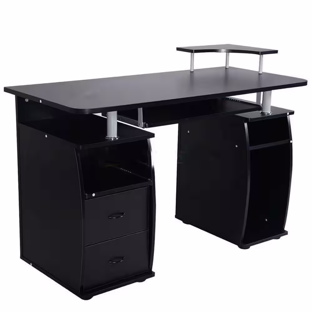 None 45 in. W Retangular Black Wood 2-Drawer Computer Desk with Shelving