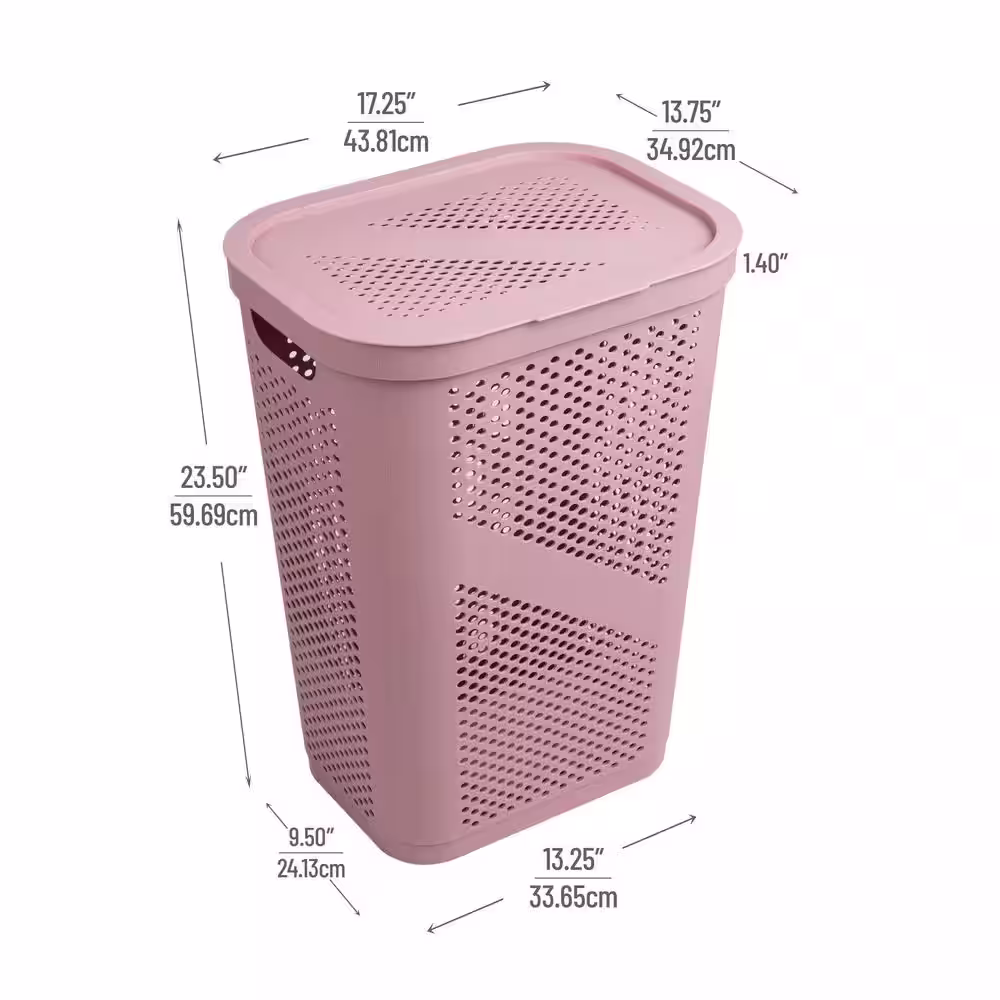 Mind Reader Basket Collection Laundry Hamper, 60 Liter (15kg/33lbs) Capacity, Cut Out Handles, Attached Hinged Lid, Set of 2, Pink