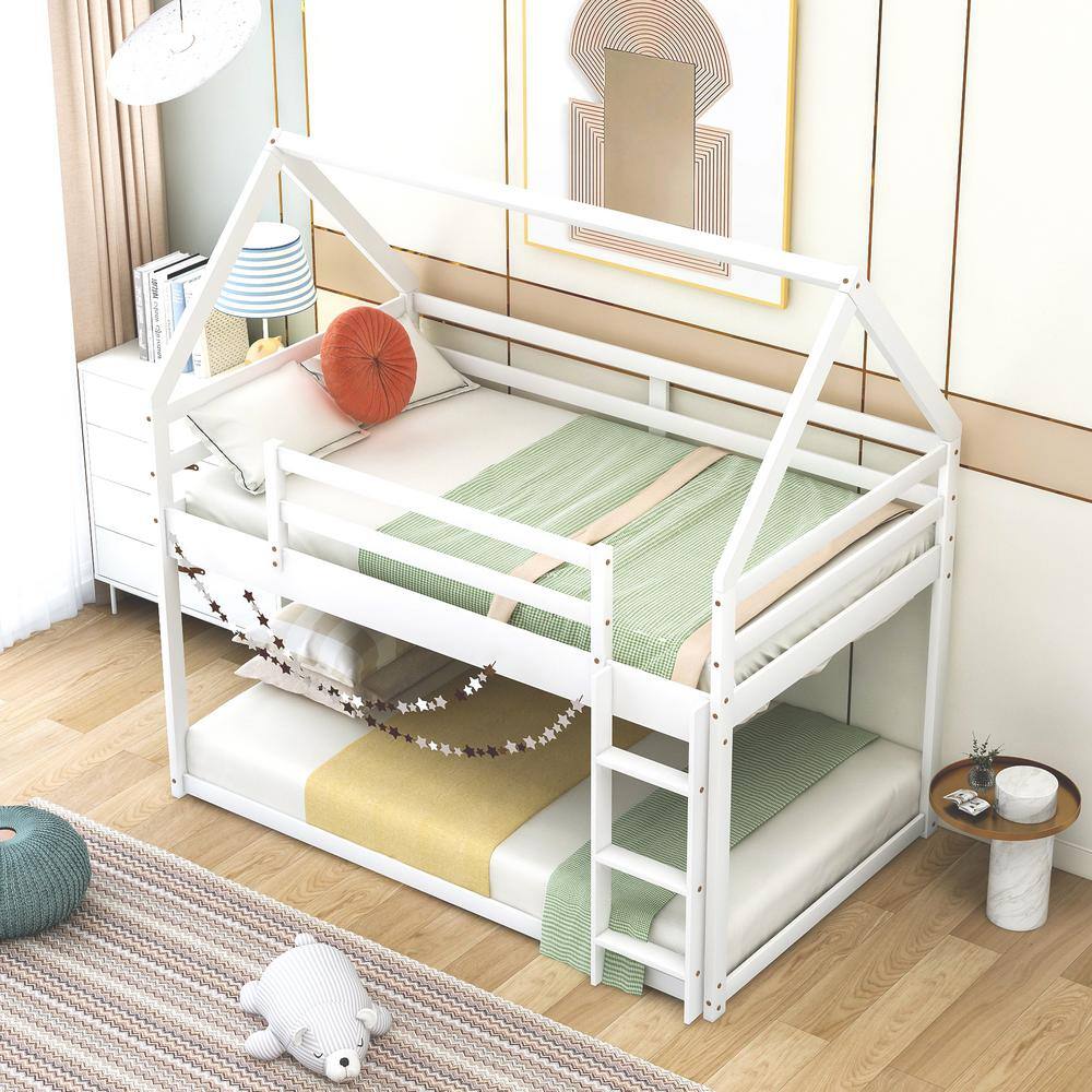 Harper & Bright Designs White Twin Over Twin Wood House Bunk Bed with Ladder