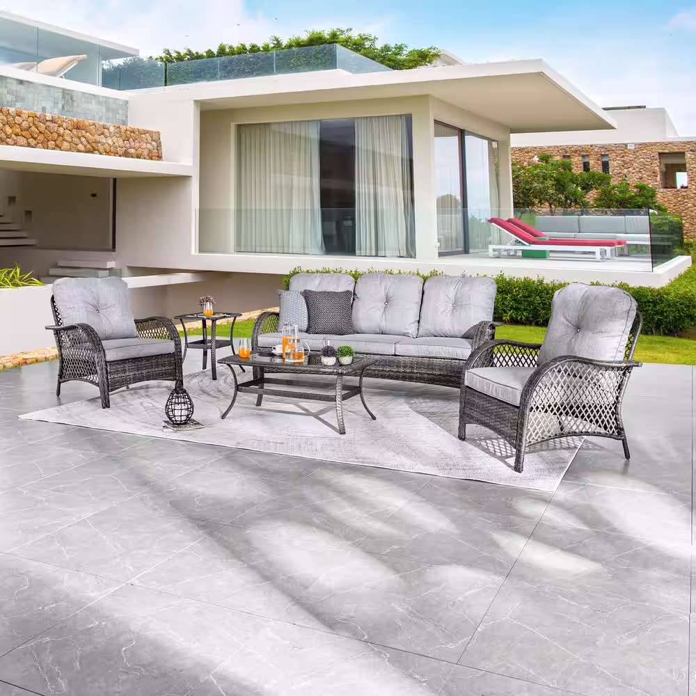 Patio Festival 5-Piece Wicker Patio Conversation Set with Gray Cushions