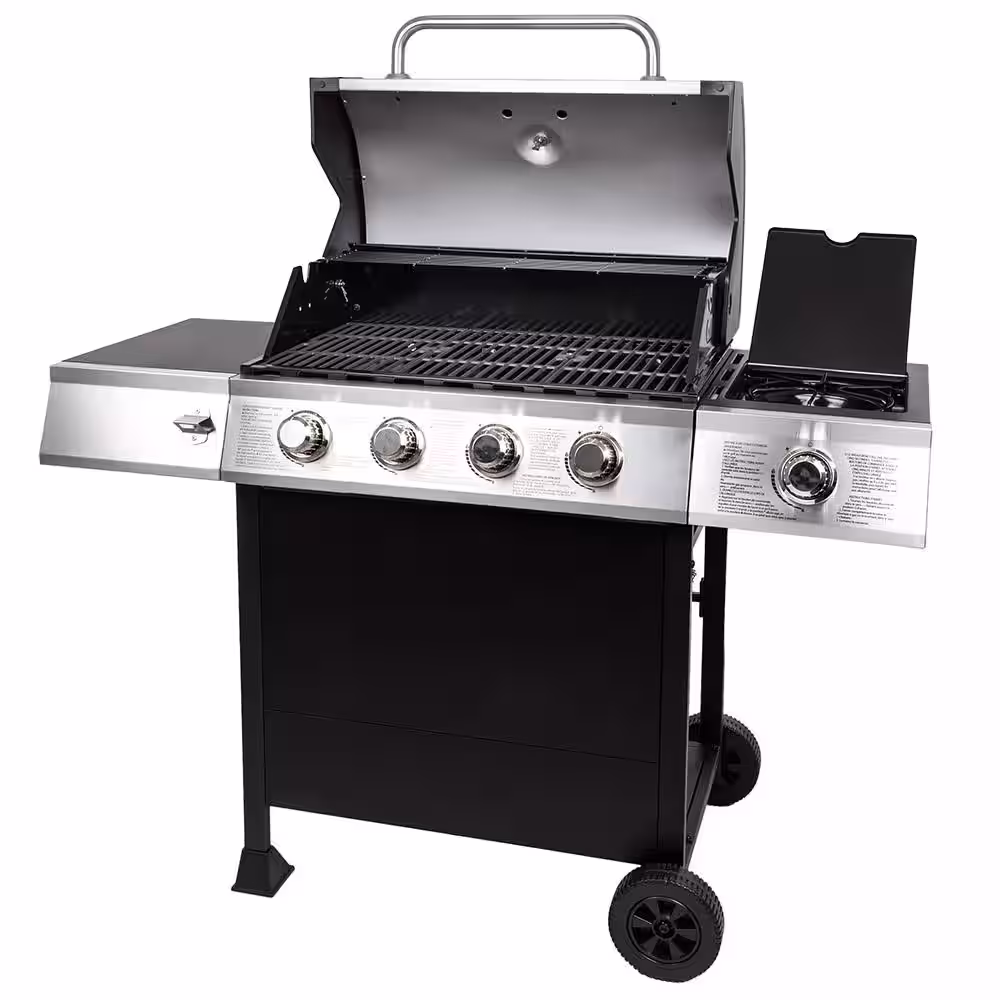 Dyna-Glo 4 Burner Open Cart Propane Gas Grill in Stainless Steel with Premium 4 Burner Gas Grill Cover