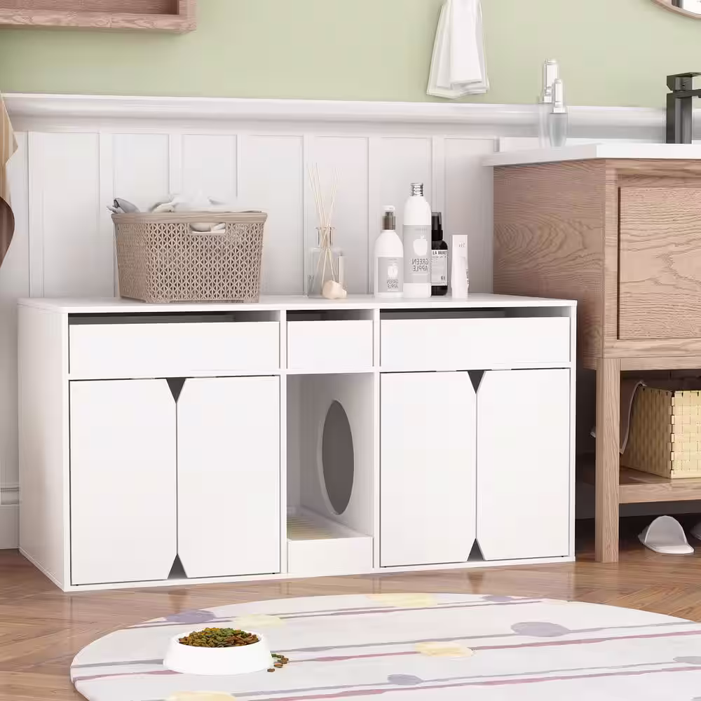 None Wooden Double Hidden Litter Box Furniture w/4 Doors and Litter Filter, 43.3 in. Cat Washroom w/ Storage Space for 2 Cats