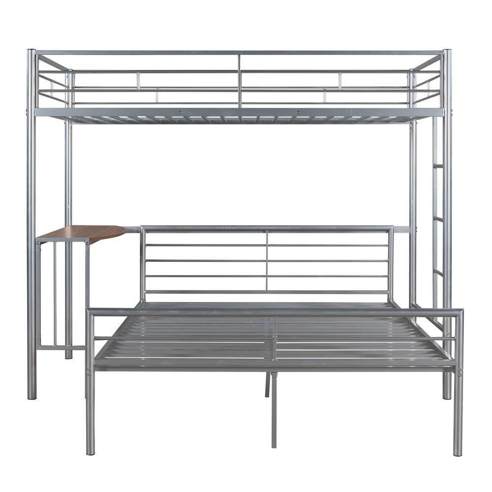 Polibi Twin Over Full Metal Bunk Bed in Silver with Desk, Ladder and Quality Slats