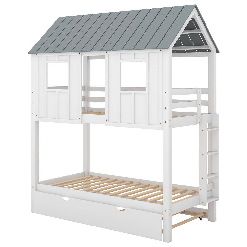 Harper & Bright Designs White Twin over Twin Wood House Bunk Bed with Trundle, Ladder, Roof and Windows