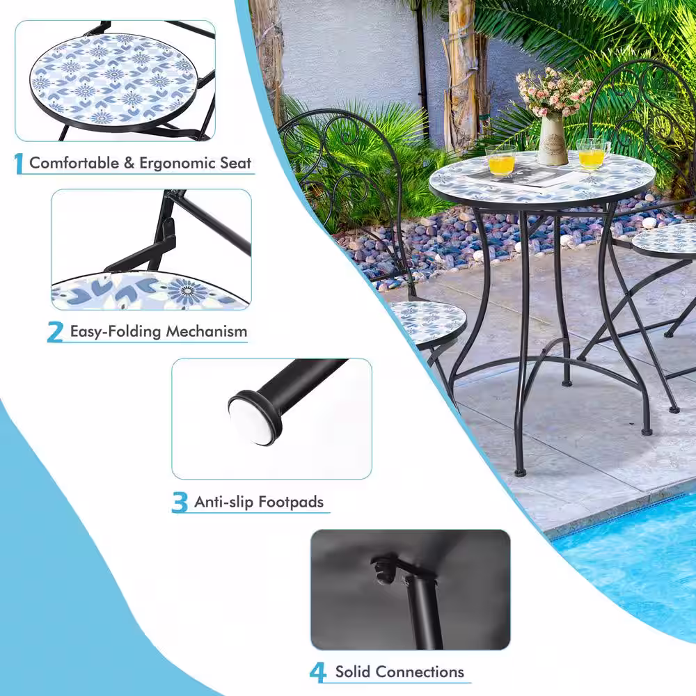 HONEY JOY 3-Pieces Patio Mosaic Design Folding Chairs Side Table Set Metal Outdoor Bistro Set Classic Furniture