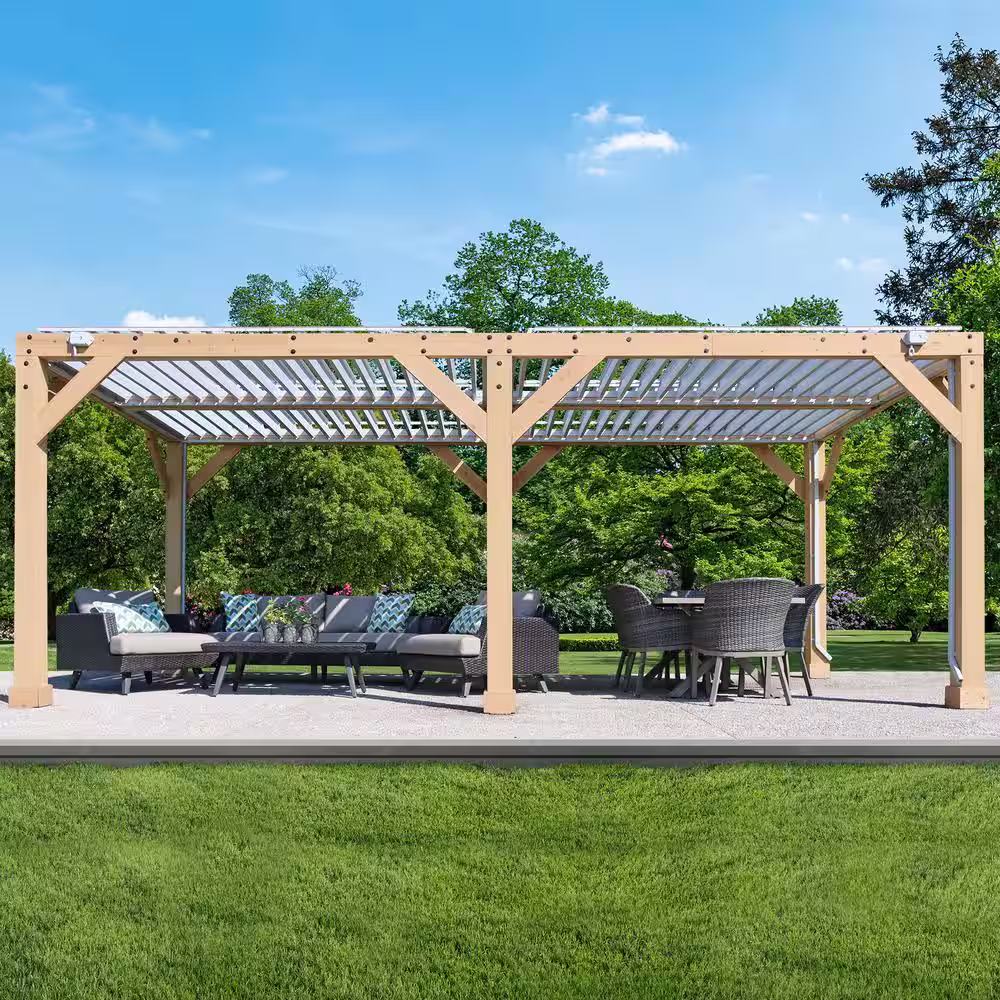 Yardistry Meridian 10 ft. x 20 ft. Premium Cedar Patio Shade Pergola with Gray Louvered Roof Panels and Built-In Gutter System