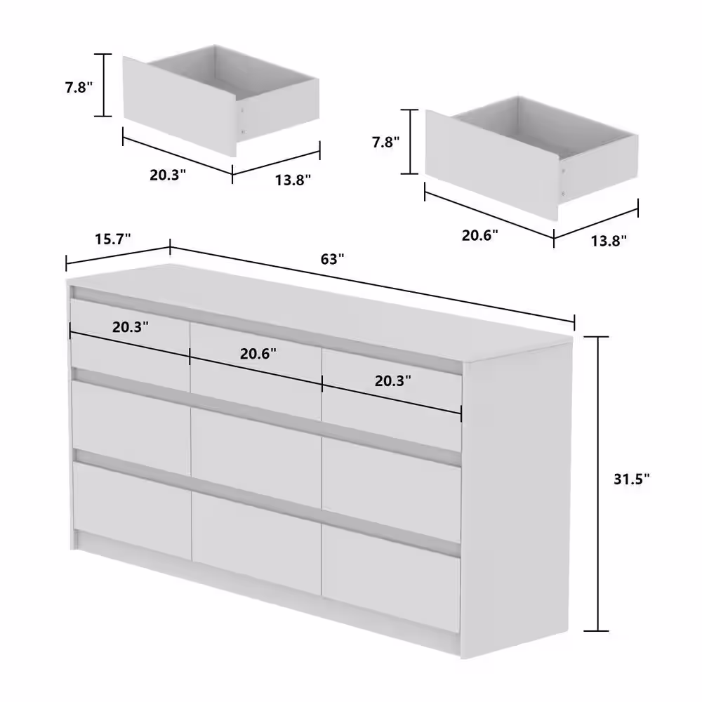 None 9-Drawer White Paint Finish Dresser Chest of Drawers 31.5 in. H x 63 in. W x 15.7 in. D