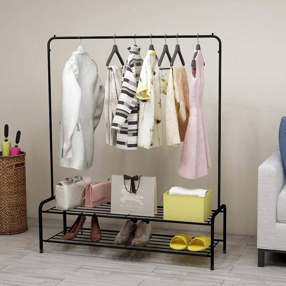 None Black Metal Garment Clothes Rack with Shelves 47 in. W x 62 in. H
