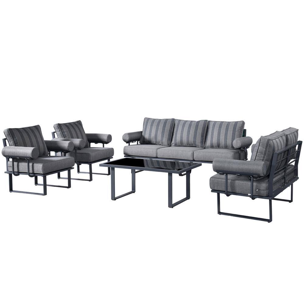 HOOOWOOO Havasu Dark Gray 5-Piece Aluminum Outdoor Patio Conversation Sofa Set with Striped Dark Gray Cushions