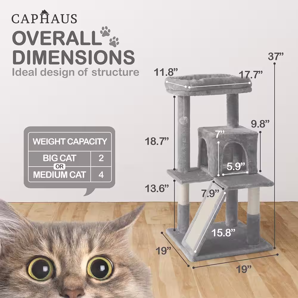None 37 in. Light Grey Cat Tower for Indoor Cats, Modern Cute 37 in. Small Cat Tree with Widened Perch